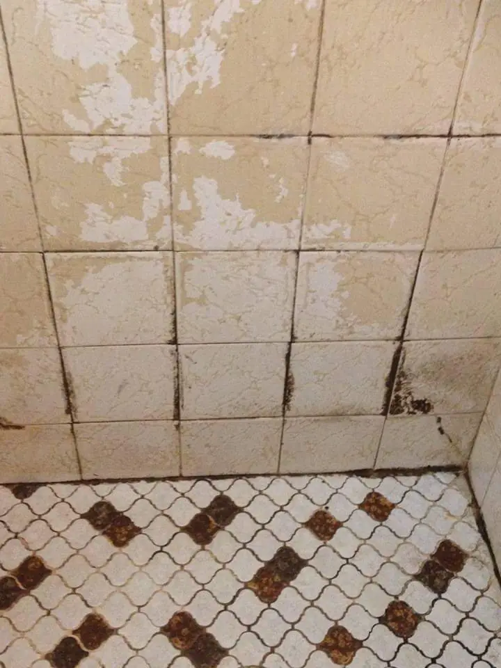 Before: brown mosaic shower floor with dark stained grout.