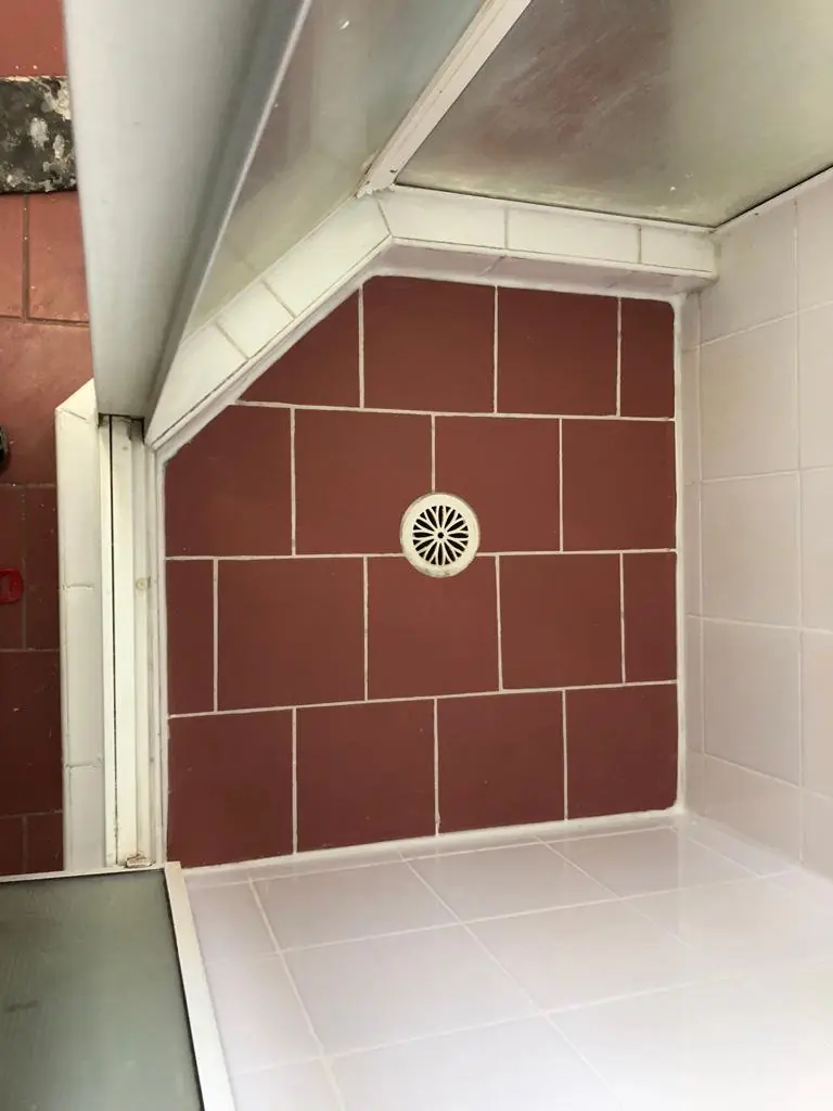 After: The same shower with clean grout and renewed sealant